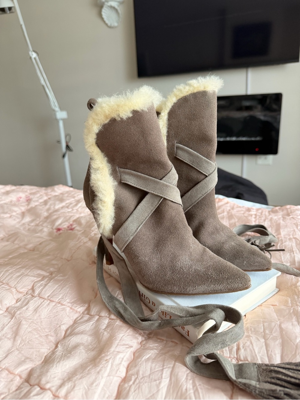 SCHUTZ Taupe Suede Shearling-Trim Ankle Booties